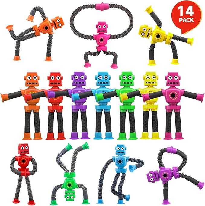 14PCS Suction Cup Pop Tube Sensory Toys, Basket Stocking Stuffer Set for Kids Toddlers, Funny Robot Action Figure Bendable Fidget Toy Gift Birthday Party Favors