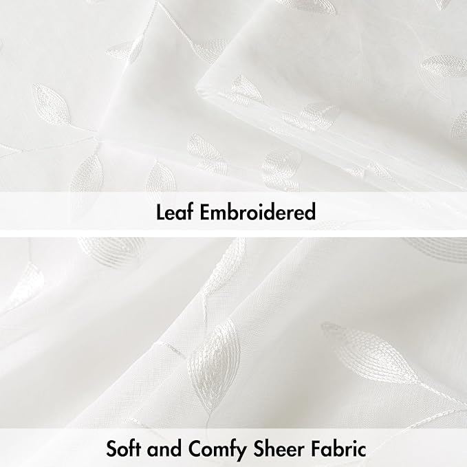 MIULEE Ivory Sheer Kitchen Curtains 30x36 Inches Length 2 Panels Embroidered Leaf Patterned Rod Pocket Floral Semi Sheer Faux Linen Short Window Curtains Drapes Set for Bathroom Cafe