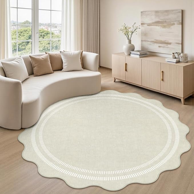 Area Rugs 5ft Living Room Washable Rug | Neutral Beige Soft Non Slip Rugs Ultra-Thin Indoor Carpet for Bedroom Dining Room Nursery Home Office