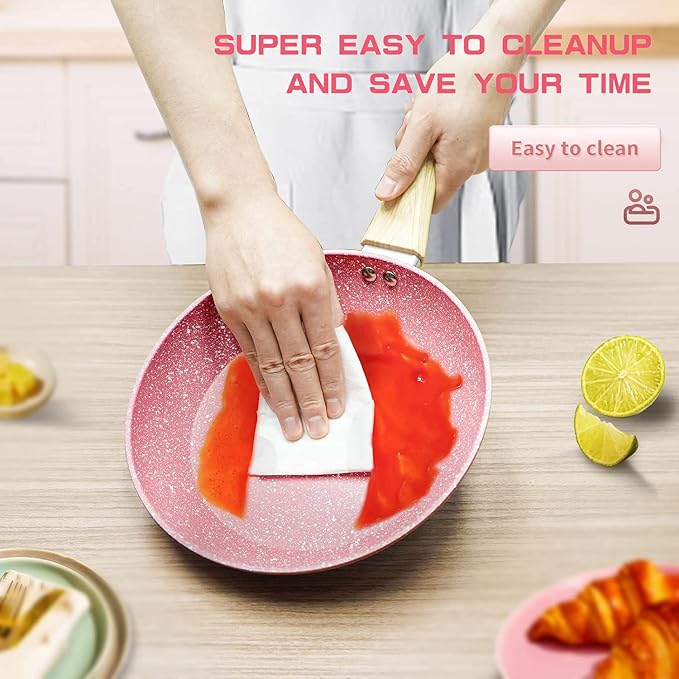 Frying Pan Nonstick, 9.5 Inch Pink Egg Pan, Non Stick Fry Pan 100% PTFE PFOA-Free Omelet Skillet Pan, Toxin-Free Skillets Stone Cookware, Anti-Warp Base with All Stove Tops, Induction Compatible | Even Heating All Stove Compatible, PFOA PFOS Free, Gran...