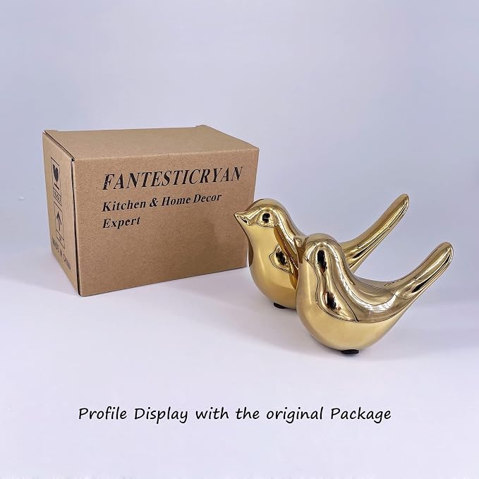 FANTESTICRYAN Small Birds Statues Home Decor, Modern Style, Gold, M&L | Ceramic Animal Figurines, Set of 2 Decorative Ornaments, For Living Room, Bedroom, Office Desktop, Cabinets, Coffee Bar