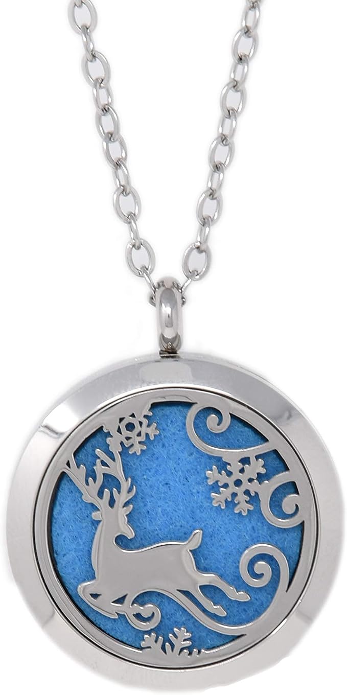 Aromatherapy Essential Oil Diffuser Stainless Steel 30MM Silver Magnetic Locket Pendant 2 Sizes Chain Necklace, Refill Pads & Diffuser Bracelet in a Velvet Bag (Flying Winter Deer)