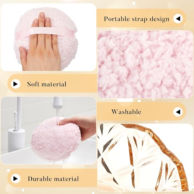 Tioncy 2 Pcs Extra Large Dusting Powder Puff and Container for Women-6'' Glass Crystal Dusting Powder Container with Body Soft Washable Reusable Velour Face (Amber,Pumpkin)