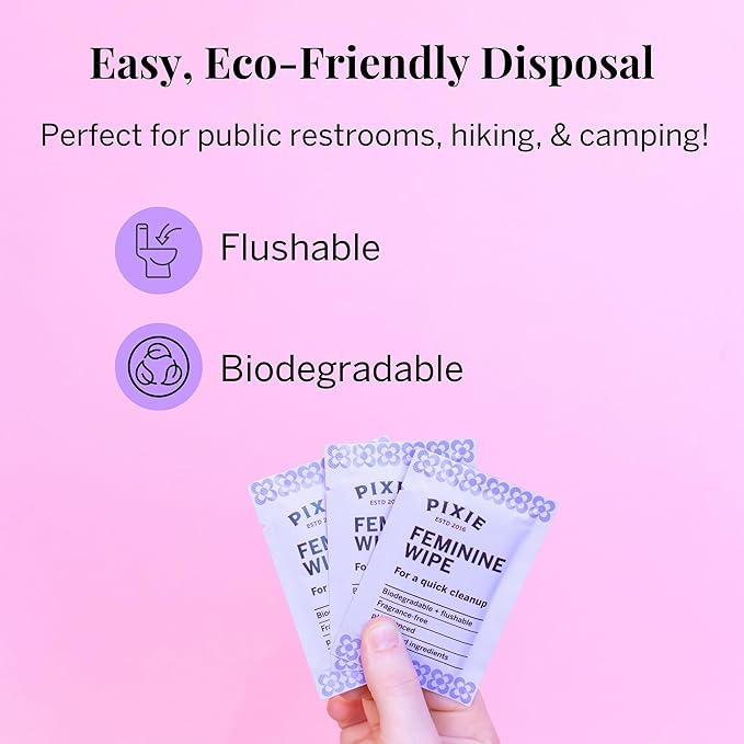 Pixie Feminine Wipes - Flushable, Biodegradable, & Ph Balanced - Individually Wrapped Packet Wipes for On The Go & Public Bathrooms - Wash & Cleaner For Your Menstrual Cups & Discs (3 Pack of 10)