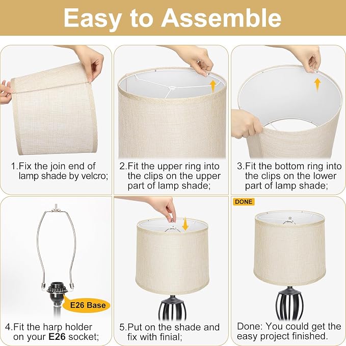 Lamp Shades Set of 2, 11.6"Top x 12.6"Bottom x 9.8"High, Champagne Beige | Drum Lampshades for Table Lamps, Floor Lamps, Natural Linen Lampshades for Bedroom, Living Room, Spider, Assembly Required