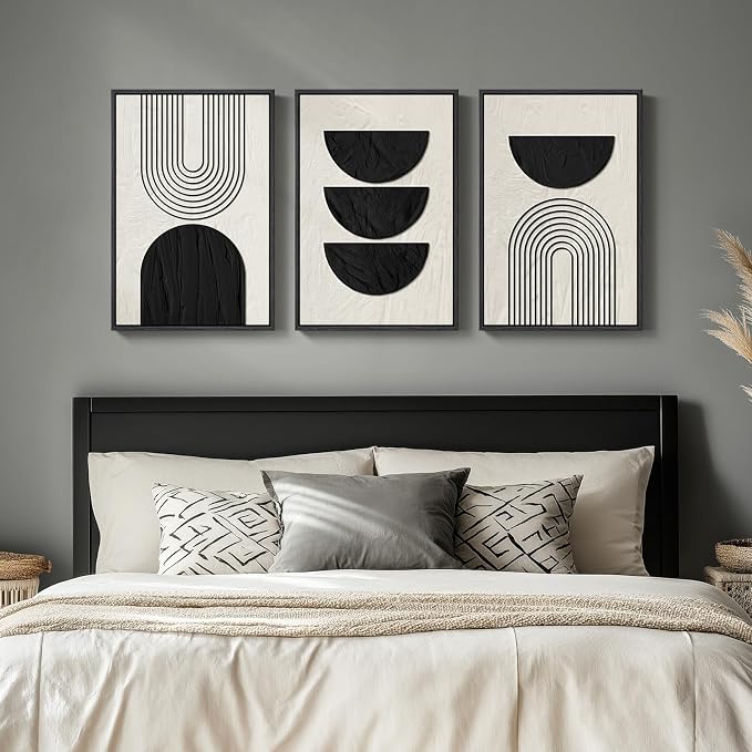 Framed Boho Black and White Abstract Wall Art, 3 Piece Modern Beige Canvas Prints Paintings Artwork for Walls, Black Geometric Pictures for Living Room Bedroom Hallway Office Wall Decor 16x24 In