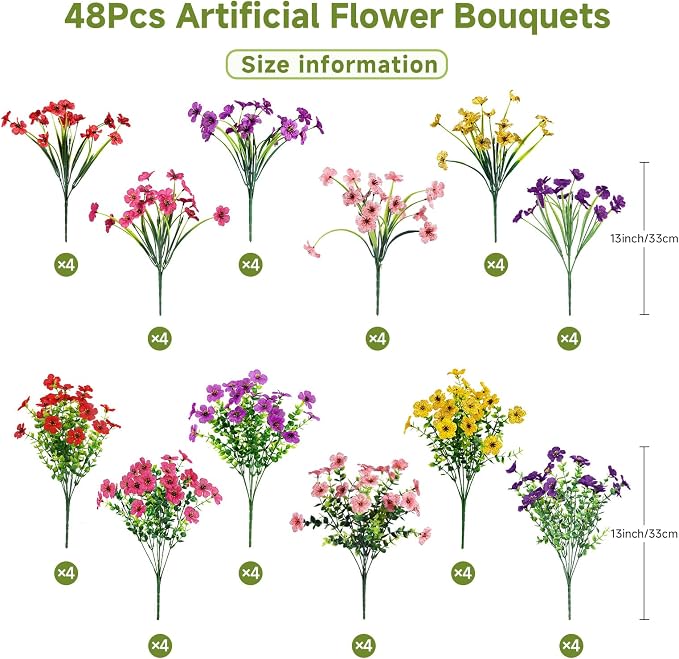 Alupssuc 48 Bundles Artificial Daisy Flowers UV Resistant for Outdoor Decor | Silk & Plastic, Spring Faux Plants Greenery, Bendable Stems, for Porch Patio Hanging Window Planter Yard Outside, 6 Colors