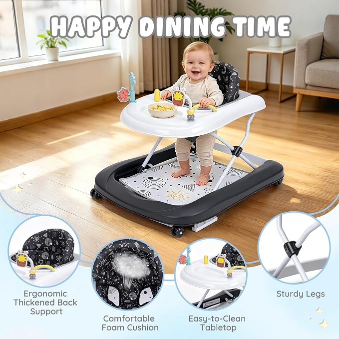 Baby Walker with Wheels, 5-in-1 Foldable Push Walker for Baby Boys 6-12 Months, Baby Walker & Bouncer Combo, Adjustable Height, Music Light Infant Activity Center Bouncer Walker(Black)