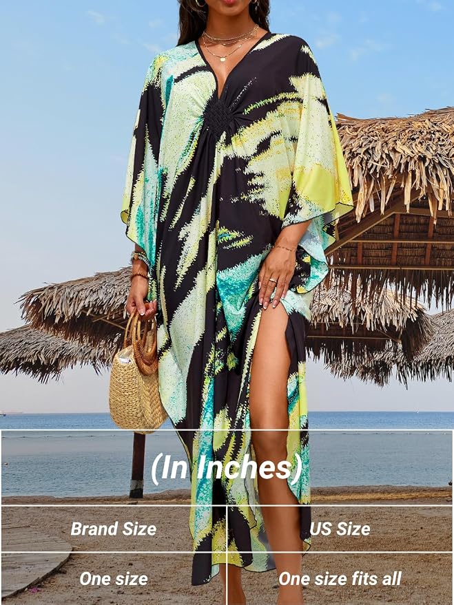 ChiaoLezhee Print Moo-Moos for Women, Kaftan Cover-Up Dresses, Sexy V-Neck High-Slit, Beach Pool-Party Coverups Muumuu Plus