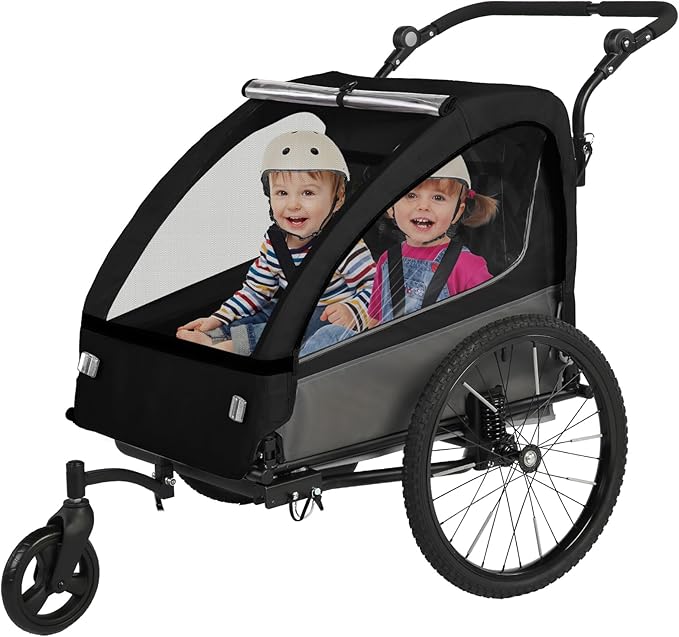 Sepnine 2-in-1 Kids Bike Trailer and Stroller with Suspension – Bike Trailer for 1 to 2 Children, Jogging Function, Foldable, 5-Point Harness, Spacious Storage, with Bug Screen and Weather Shield