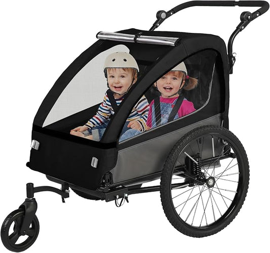 Sepnine 2-in-1 Kids Bike Trailer and Stroller with Suspension – Bike Trailer for 1 to 2 Children, Jogging Function, Foldable, 5-Point Harness, Spacious Storage, with Bug Screen and Weather Shield