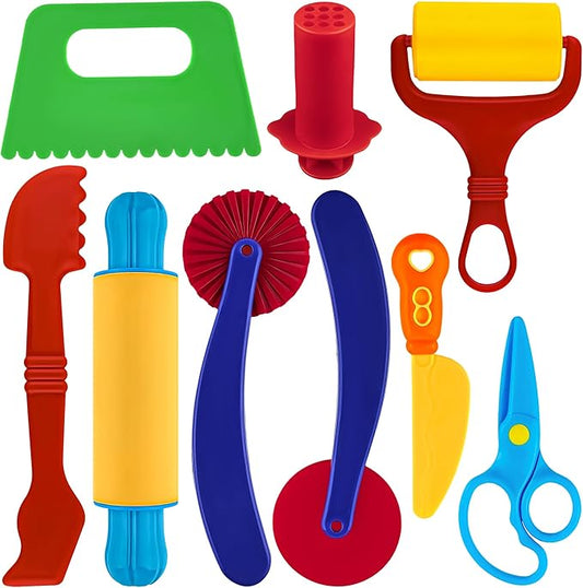 Dough Play Tool Kit for Kids, 9 PCS Basic Dough Starter Set with Pizza Cutter, Safety Scissors, Rolling Pin, Roller, Extruder, Plastic Scraper, Knife