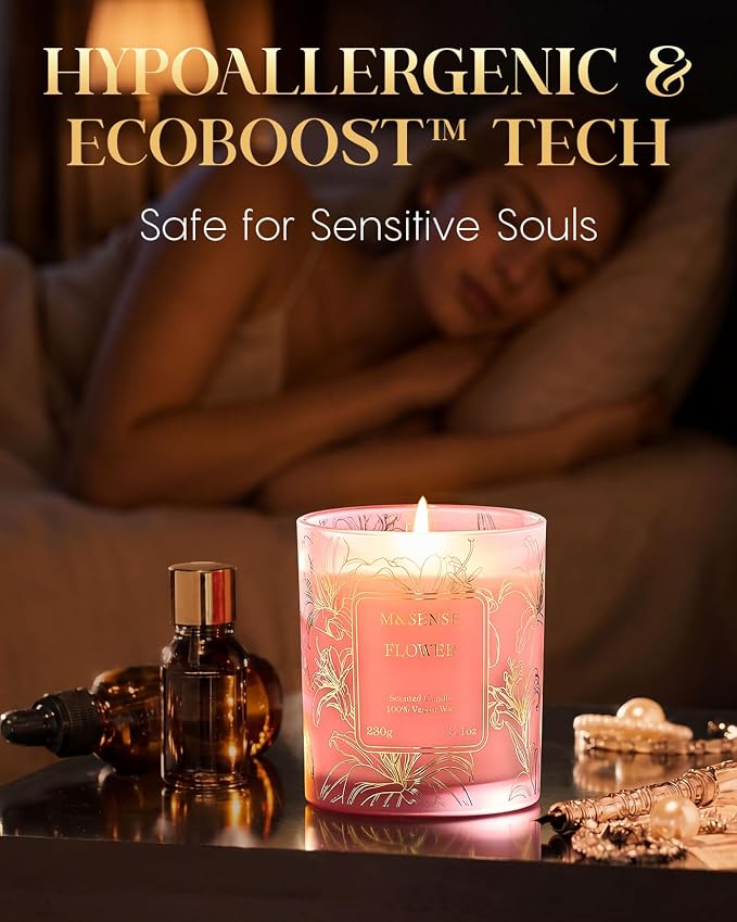 M&SENSE Floral Soy Candle, 8.1oz Gilded Glass, Romantic Stress Relief | 42H Long Burn, Soy Wax, Mixed Bloom Bouquet, Non-Toxic, Sensitive-Safe, Reusable Jar