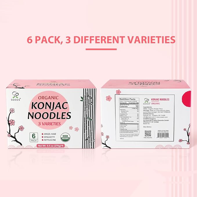 Soeos Organic Konjac Noodles, Shirataki Noodle, 9.5 oz*6 Packs, 3 Variety Noodles, Fettuccine, Angel Hair, Spaghetti, Low Calorie, Low Carb, Keto and Paleo Friendly, Total 57 Ounce