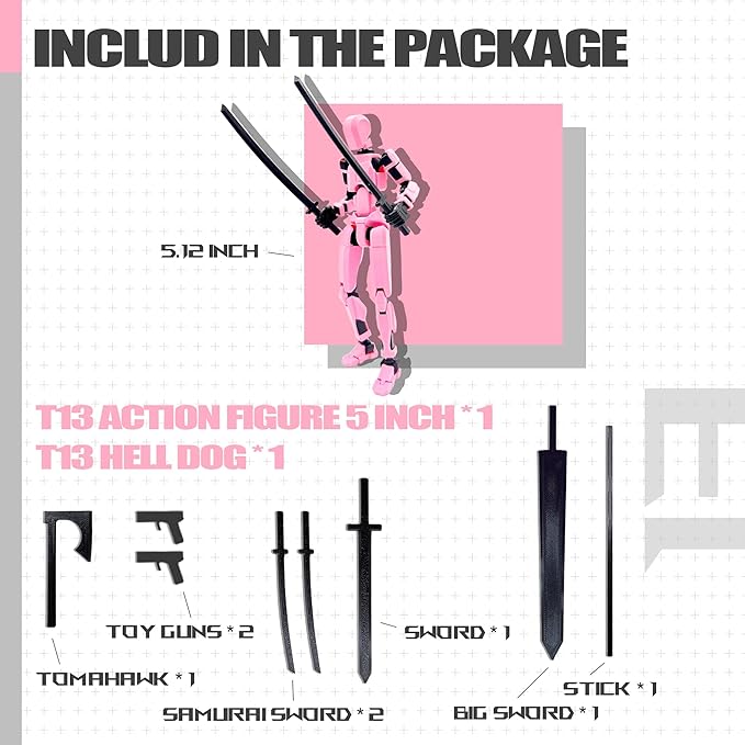 T13 Action Figure Set (Assembly Completed),Titan 13 Action Figures,Dummy 13,3D Printed Toys Multi-Jointed Movable (Pink Black)