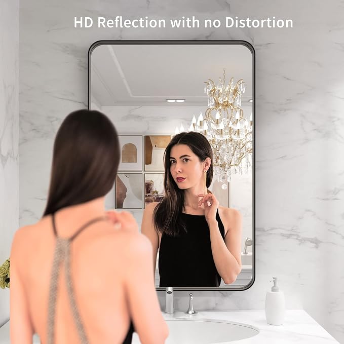 LOAAO 24X36 Inch Black Bathroom Mirror Metal Framed | Rounded Rectangle, Matte Black Bathroom Vanity Mirror, Anti-Rust, Hangs Horizontally or Vertically