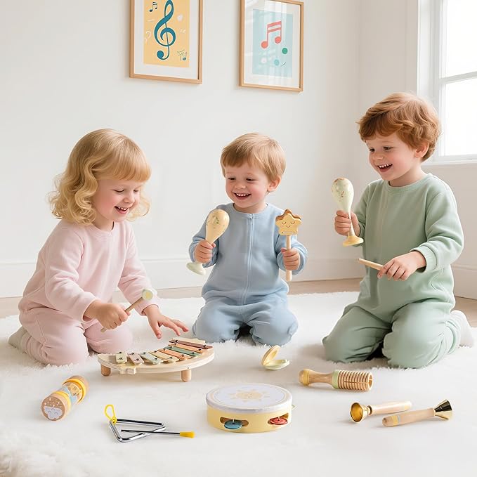 ROBUD Toddler Musical Instruments, Montessori Wooden Baby Musical Toys, Neutral Colors Musical Toys for Toddlers 1-3, Educational Percussion Set, for Boys and Girls(Star and Moon Theme)
