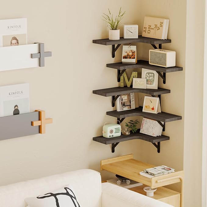 Fixwal Conner Shelves Wall Mounted for Decor, Weathered Grey Set of 5 | Solid wood shelf with metal brackets, holds 40 lbs. Optimizes corner storage. Fits bathroom, kitchen, bedroom & living room.