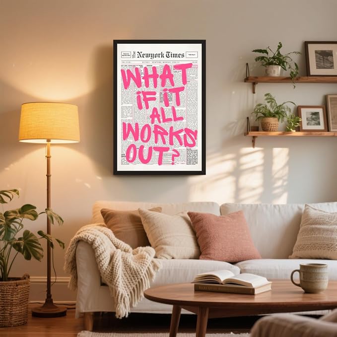 What If It All Works Out Poster Retro Newspaper Pink Wall Art Positive Affirmation Quote Minimalist Canvas Painting Prints Wall Decor Aesthetic for Home Bedroom Office 8x12inch Black Aluminum Frame