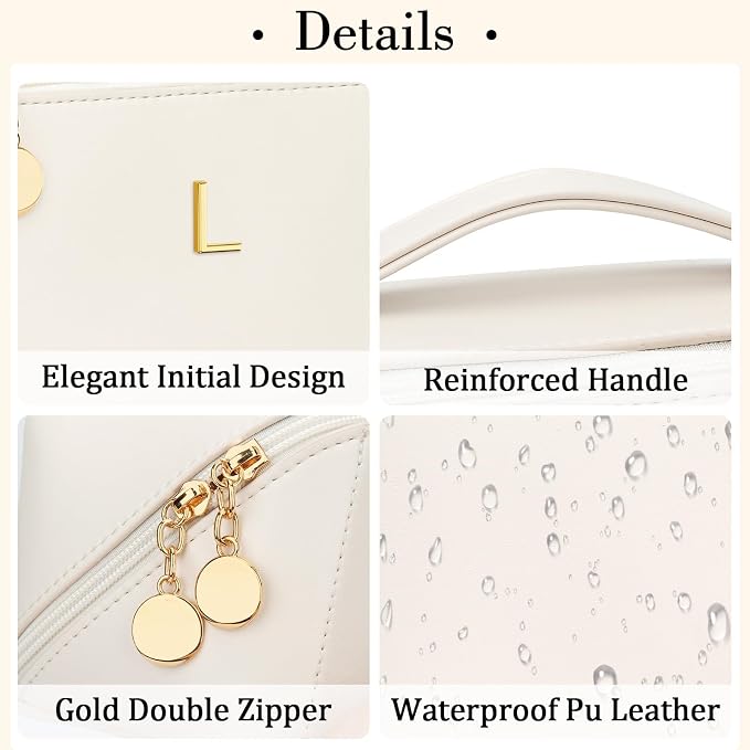KKXIU Initial Makeup Bag for Women - Personalized Makeup Bag Gifts for Women, Travel Toiletry Bag with PU Leather, Open Flat Design with Top Handle, Cosmetic Bag Set with Multi-Pocket (Beige,L)