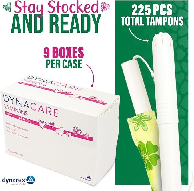 Dynarex Super Tampons – Bulk Feminine Hygiene Product with Cardboard Applicator – 7 Hour Protection – 9 Boxes, 225 Total Tampons