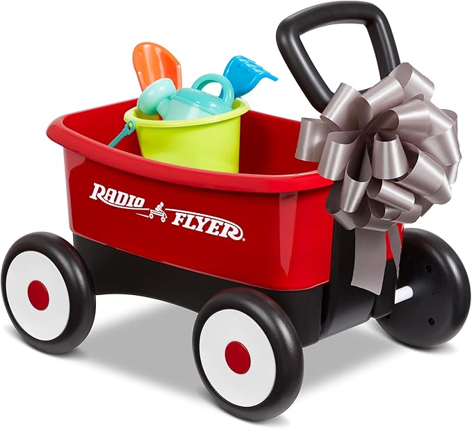 Radio Flyer Push & Pull Walker Wagon with Garden Tools, Red, for Kids 1-4 Years Old, Locking Handle for Stability, Baby Push Walker Converts to Pull Wagon, for Indoor & Outdoor Play