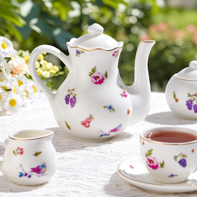 TUZT Tea Party Set for Little Girls Ages 3-8, White Floral Porcelain Tea Set with Gold Trim Edges, Princess Tea Time Toy Includes Pot & Cups & Saucers & Suitcase, Birthday Gifts for Toddlers Girls