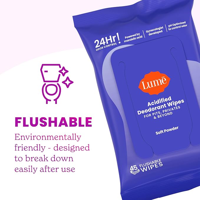 Lume Acidified Deodorant Wipes - 24 Hour Odor Control - Aluminum Free, Baking Soda Free, Skin Loving - Flushable - 15 Count (Soft Powder)