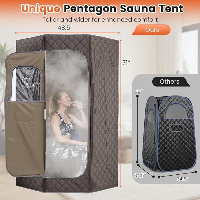 Giantex 3L Portable Steam Sauna, Fast-Heat Large Pentagon Sauna Box for Home, 9-Level Remote Control, 99-Min Timer, Folding Chair, Foot Roller, Mat, 35.5" x 35.5" x 71" Sauna Tent (Gray)