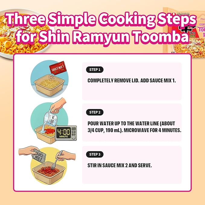 Nongshim Shin Ramyun Toomba Noodles Square Bowl, Creamy Korean Mac and Cheese Style Noodles, Gentle Kick of Spice, Korean Stir Fry Style Instant Noodles, Microwaveable, 3.73 oz (Pack of 6)