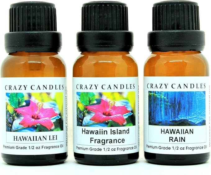 Crazy Candles 3 Bottles Set, 1 Hawaiian Lei, 1 Hawaiian Island Fragrance, 1 Hawaiian Rain 1/2 Fl Oz Each (15ml) Premium Grade Scented Fragrance Oils