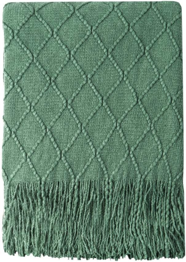 BOURINA Green Throw Blanket 60x80 Inch Boho Knitted Soft Throw Sofa Blanket | Knitted Throw Blanket 60x80 Inches, Soft Lightweight Boho Weave Throw Decorative Couch Blanket for Living Room Bedroom Chair
