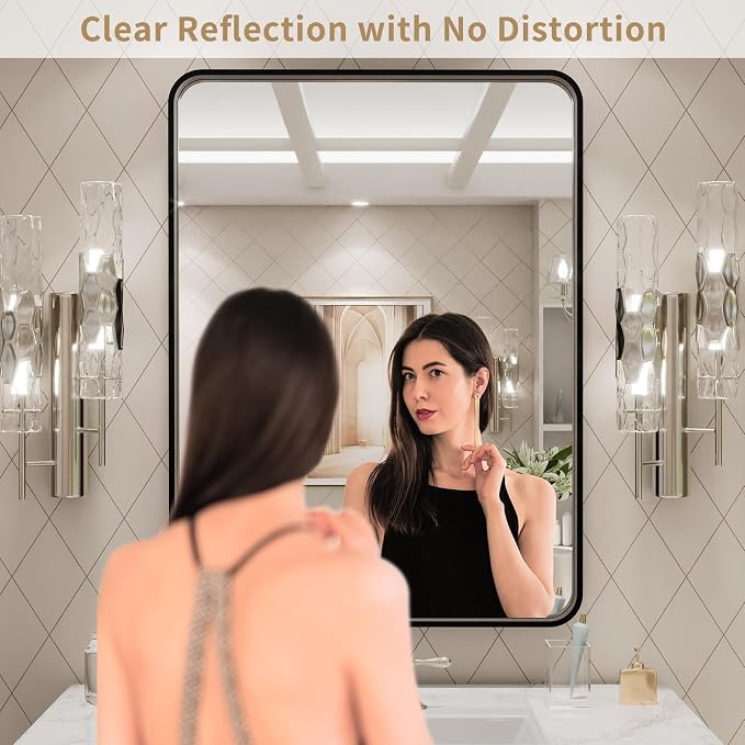 LOAAO 24X32 Inch Black Metal Framed Bathroom Mirror | Matte Black, Rounded Rectangle, Anti-Rust, Hangs Horizontally or Vertically