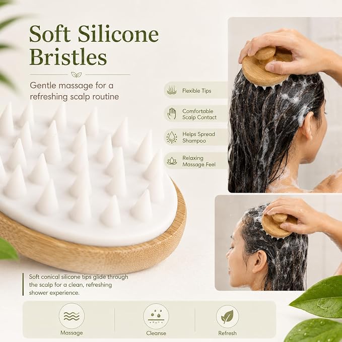 FOMIYES Bamboo Wooden Scalp Massage Brush Hair Wash Scrubber for Deep Scalp Cleaning and Dandruff Removal Comfortable Shampoo Massager for Daily Hair Care