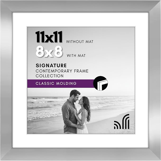 Americanflat 11x11 Picture Frame with Shatter-Resistant Glass - Use as 8x8 Frame with Mat or Display 11x11 Photo Without Mat - Signature Collection - Square Frames for Wall Display - Silver | Shatter-resistant glass, sawtooth hangers included, use with...