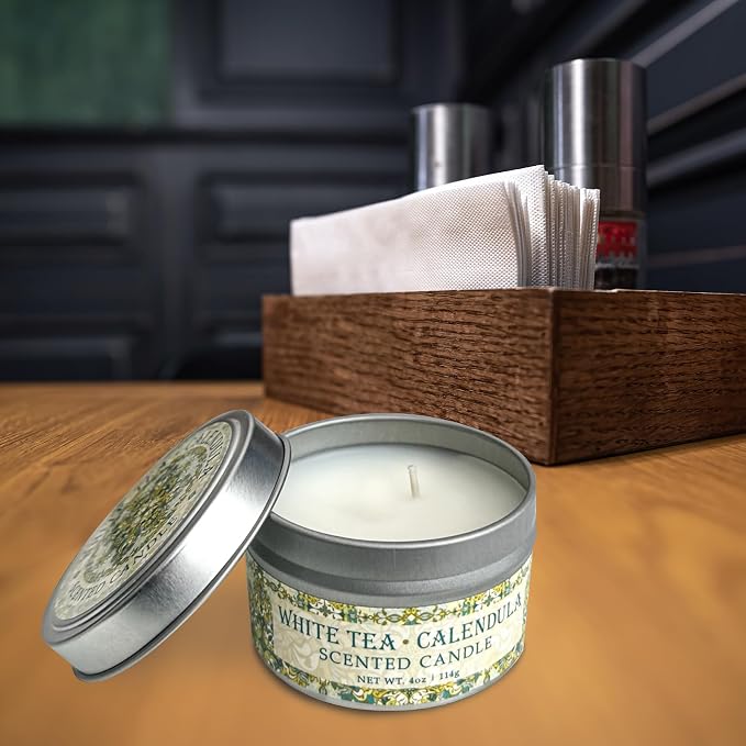 Greenwich Bay Hand-Poured Scented Candle in Decorative Tin – 4 oz/114 g Travel Candle with Lead-Free Wick, Vegetable Wax, Long-Burning Aromatherapy Gift, Single Wick – Made in USA (White Tea)