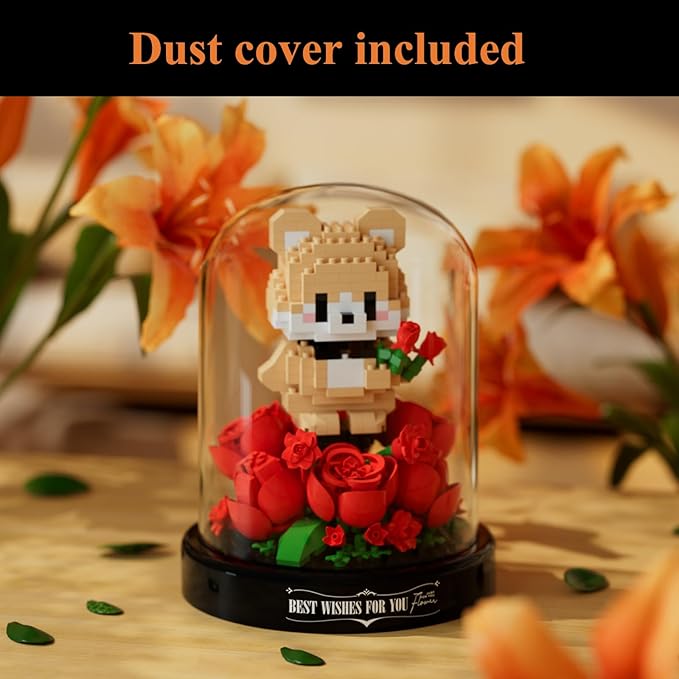 Artificial Flower Animal Toy Building Set for Adult,Mini Bear Plant Bonsai Tree Friend Set for Girl,Botanical Collection Gift for Kids,Office Home Decor Building Block,Birthday Gift for Women