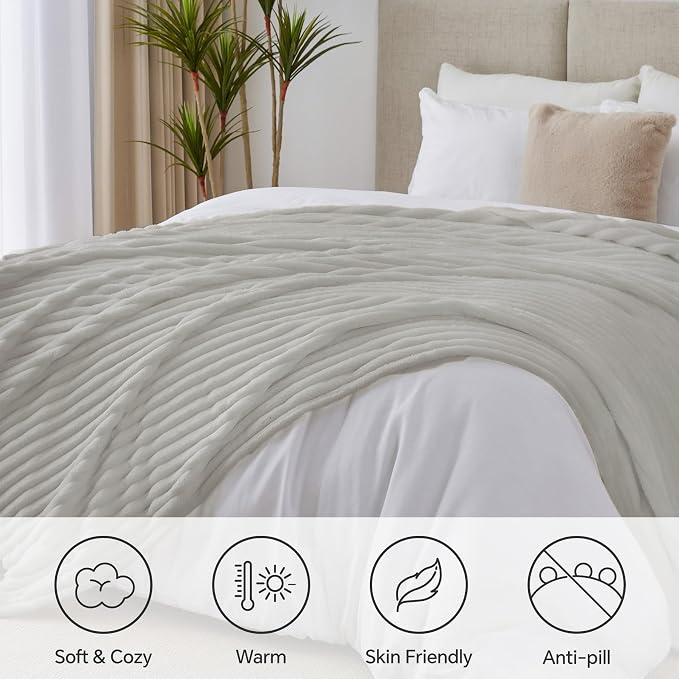 BEDELITE Ribbe Blankets Queen Size for Bed, Light Grey, 90"x90" | Ultra-Soft Plush Fleece, Warm Yet Lightweight, Ribbed Texture, Home Decor, Machine Washable, Giftable, All-Season Use