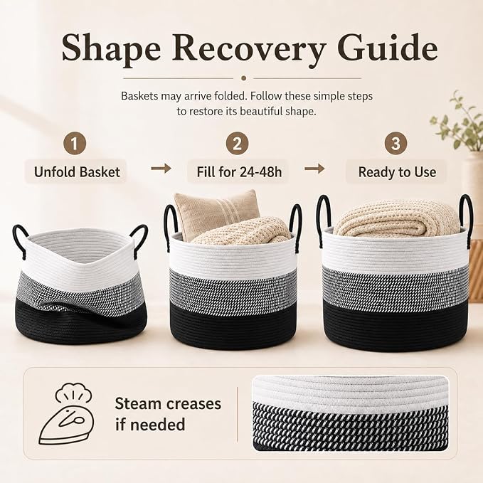 JMvicyroam 115L Extra Large Machine Washable Cotton Rope Blanket Basket | Collapsible laundry hamper, Reinforced handles, For blankets,pillows,toys and clothes, Living room and bedroom,White&BlackMix