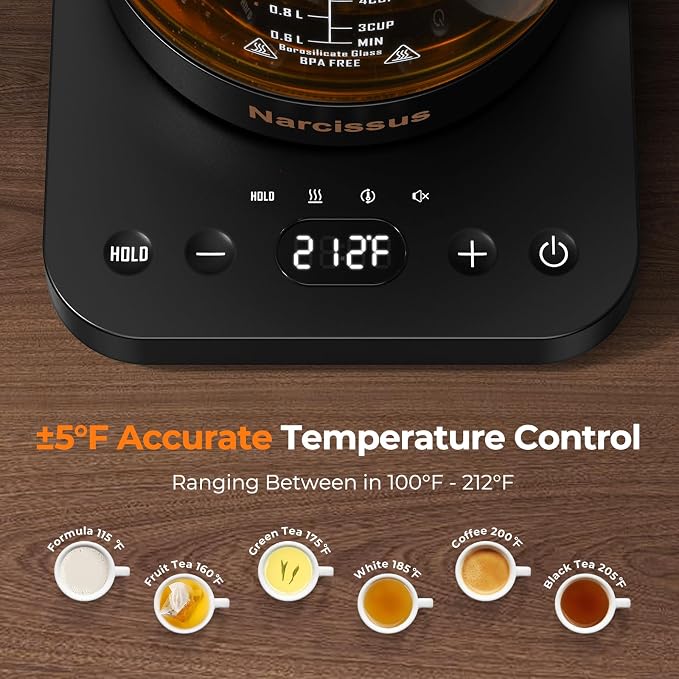 Narcissus Electric Kettle Temperature Control ±5℉, 1.8L Glass Electric Tea Kettle with Removable Infuser for Flowers & Fruit Tea, 1200W Fast Boiling, 6 Hours Keep Warming, Black