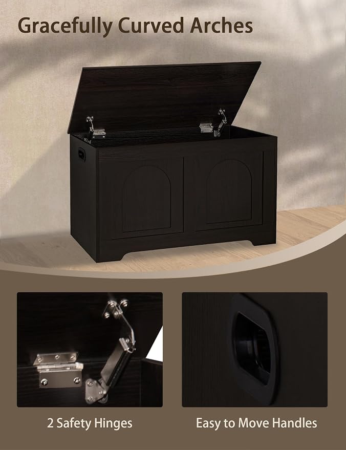 Storage Chest, Wooden Toy Box, Espresso 31.5" L | Entryway Shoe Bench, 2 Soft-close Hinges, Finger-safe Flip-Top Lid, Easy Assembly, Farmhouse Large Trunk, Living Room/Bedroom