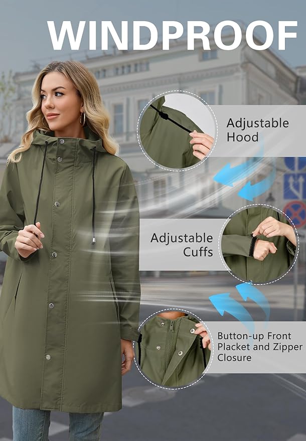 Zando Long Packable Rain Jacket Women Waterproof Raincoat with Hood | Relaxed-Fit Lightweight Windbreaker for Women; Travel Rain Coats for Commute, Hiking, Cruise, and Daily wear