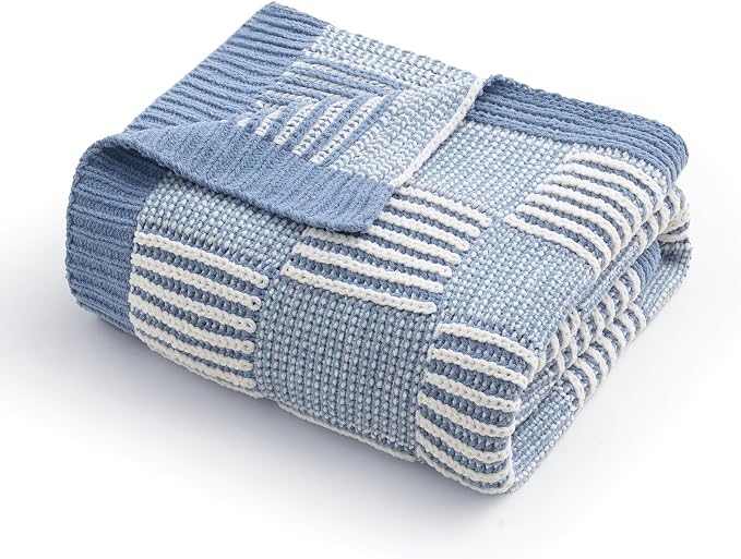 Knit Throw Blanket, Soft Chenille Cozy Breathable Dual Tone Checkered Chunky Decorative Blanket for Couch, Bed & Sofa, French Lightweight Warm Gift for Women, Washed Blue, 60"x80"
