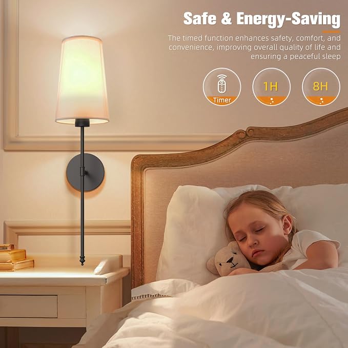 Black Battery Operated Wall Sconce Set of 2,Rechargeable Wall Lights with 10400mAh Dimmable Detachable Bulbs and Remote,9 Colors Wireless Sconces for Bedroom Living Room Hallway