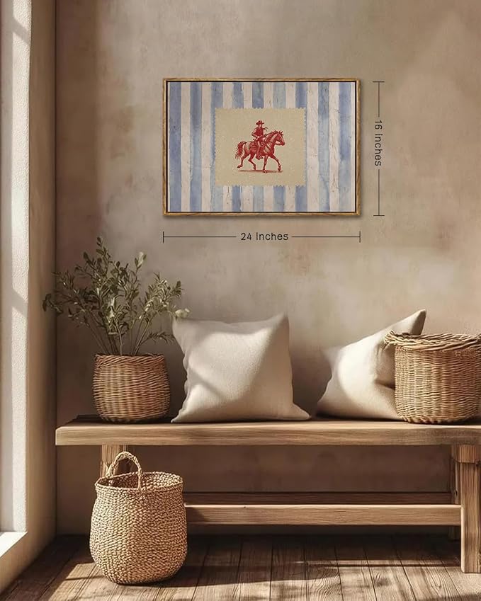 ZZLWBKGL Western Wall Decor Cowboy Canvas Art Vintage Framed Wall Art | Country West Stamp Artwork Mid Century Aesthetic for Living Room Bedroom 16x24in