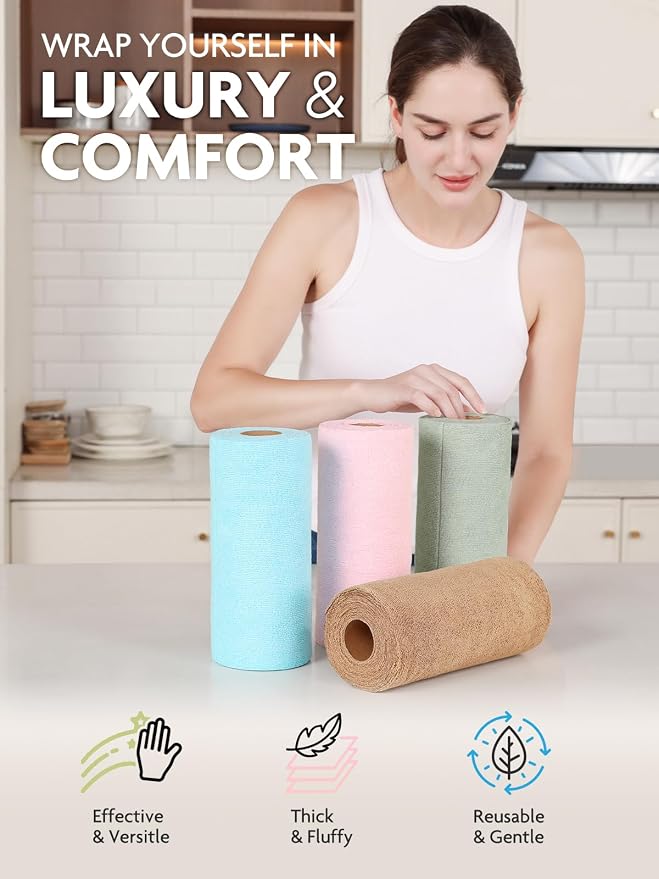 Fantasticlean Kitchen Towels Roll, 80 Sheets,10''(Pink,Blue,Tan,Moss Green) | Tear-away Dish Towels for Kitchen, Ultra Absorbent, Lint-free, Premium Microfiber Cleaning Cloths, for All-Purpose Cleaning