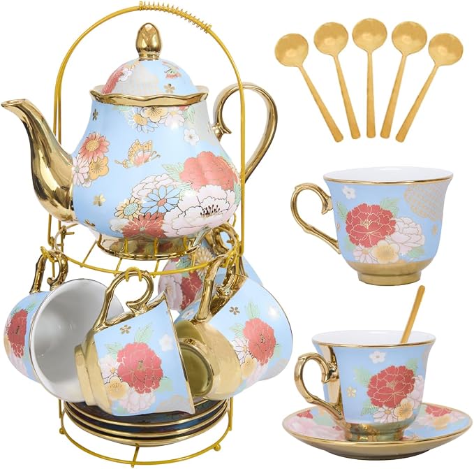 CHANJOON Gold Plated Red Rose Ceramic Tea Set, Vintage Tea Sets with Teapot, Beautiful Tea Set Coffee Serving 6 People (Green, X Large)