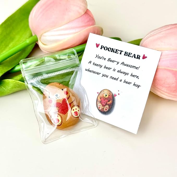 Handmade Pocket Bear Pebble – Cute Hand-Painted Affirmation Token with Card – Long Distance Hug, Encouragement Token for Friends, Kids, Loved Ones, or Anxiety Relief Gifts for Boyfriend, Girlfriend