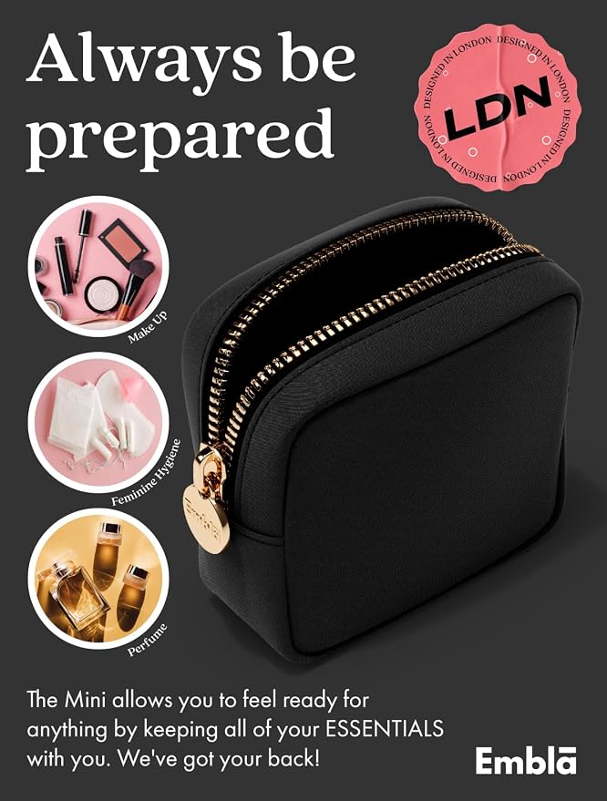 Embla Small Makeup Bag for Purse, Mini Waterproof Nylon Cosmetic Pouch, Durable and Lightweight Travel Toiletry Bag with Smooth Zipper, Black