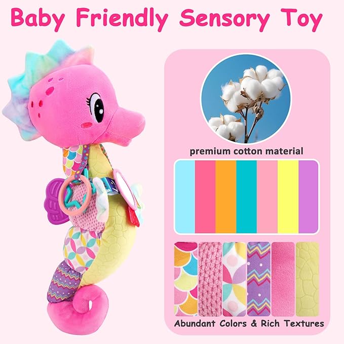 Baby Girl Toys 0-6 Months Musical Seahorse Stuffed Animal Tummy Time Toys for Infant 3-6 6-12 Months with Baby Mirror Sensory Newborn Crinkle Developmental Pink Toy Birthday Shower Gifts 0-3 4 5 Month